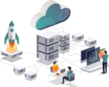 Animated image of guys on computers Server and a Cloud