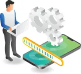 Animated Man Cutting with a saw on a cell phone