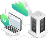Illustration of a cloud, server tower and a laptop