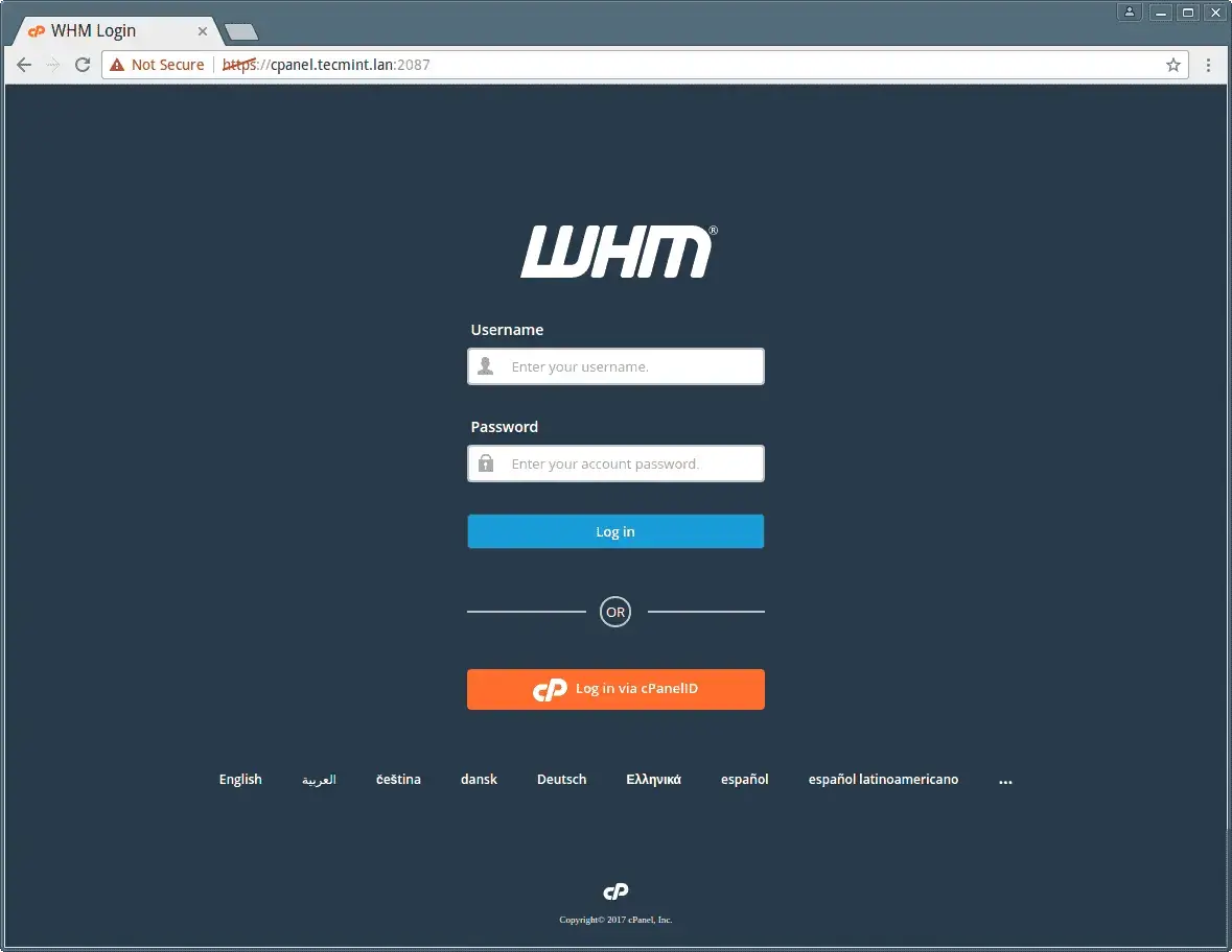 WHM Log in screen