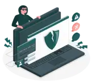 Illustration of a man in a hoodie lurching behind a laptop