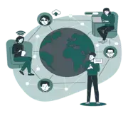 Illustration of a globe with people doing different things around it