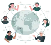 Illustration of a globe and people around a circle