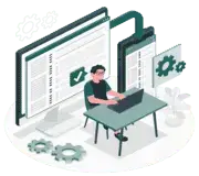 Illustration of a guy sitting at a Laptop with a checkmark behind him and gears on the right side