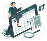 Illustration of a calendar and a girl holding a tablet and a magnifying glass
