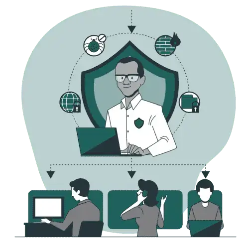 Illustration of a tech person on a laptop and different security images and a shield around and in back of him