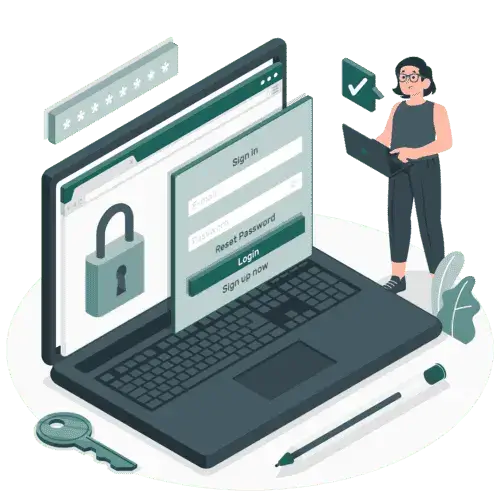 Illustration of a girl holding something and a laptop with security lock